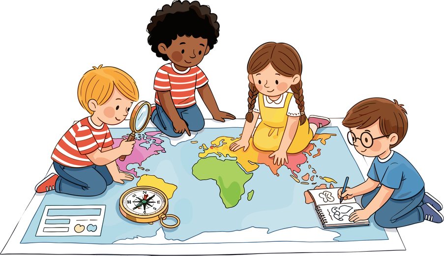 Children exploring a world map together