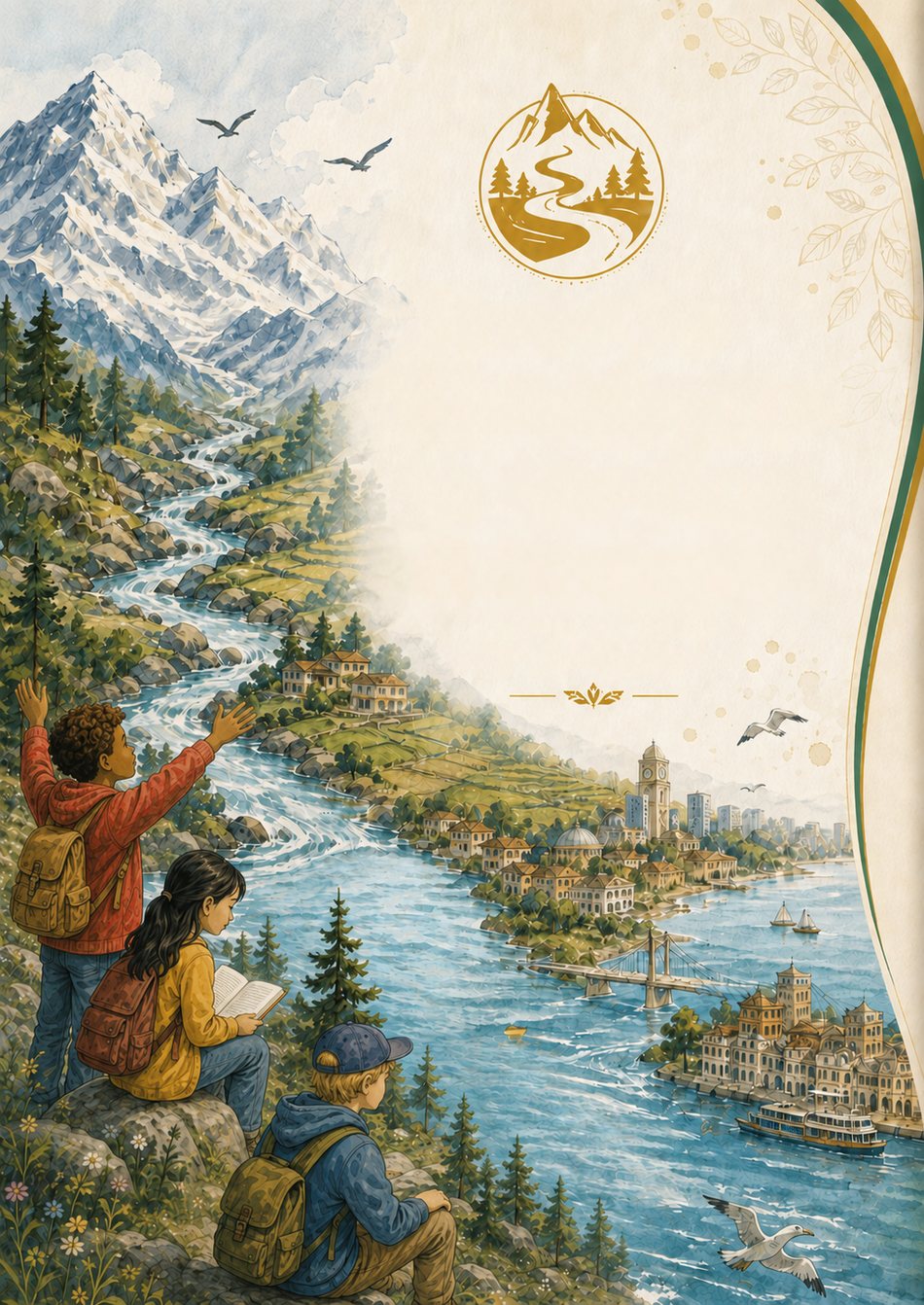 Illustration of children by the Ganges River flowing down from the Himalayas