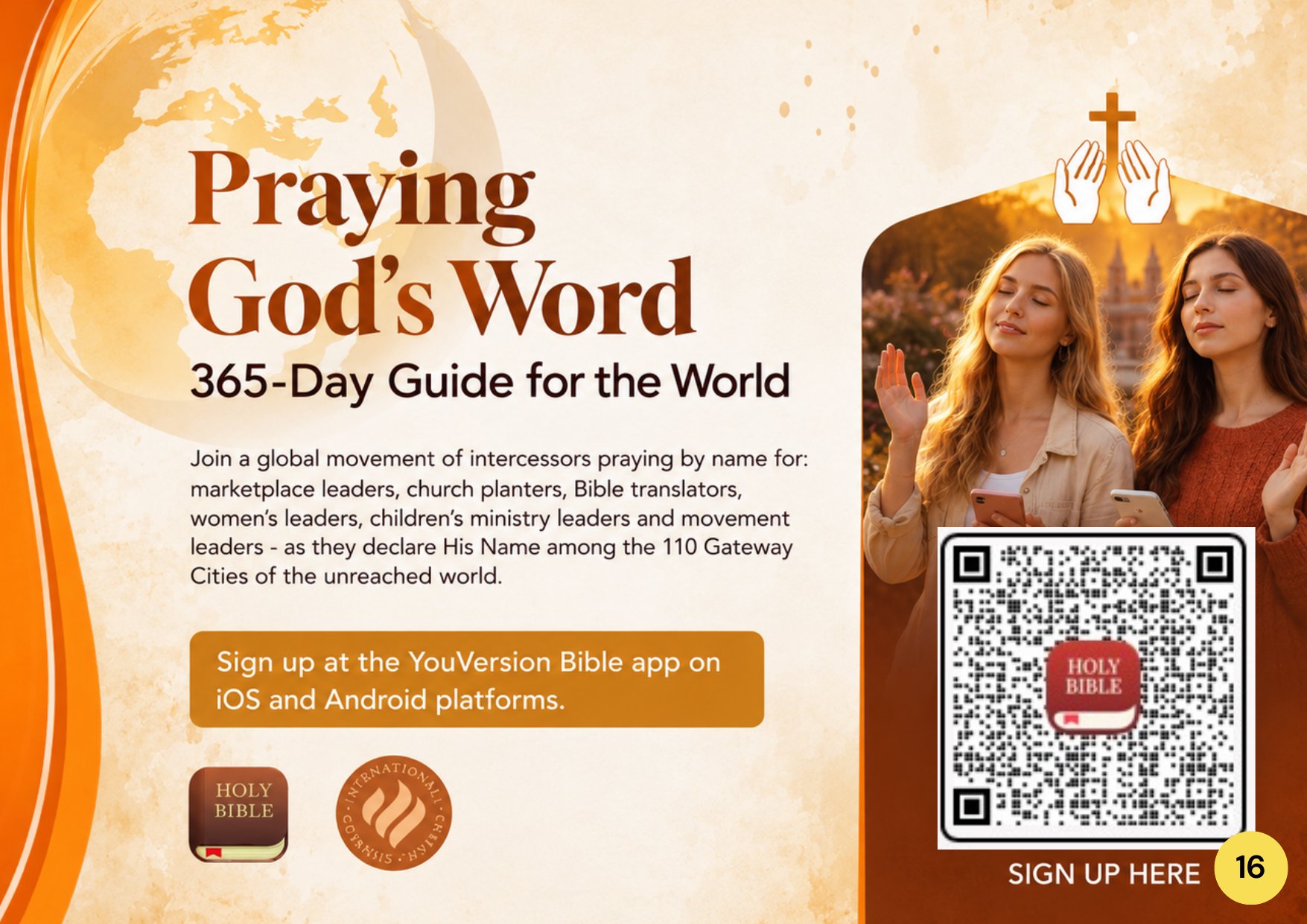 Praying God’s Word: 365-Day Guide for the World, with a QR code to sign up in the YouVersion Bible app.